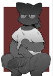 anthro balls big_balls big_penis black_body bottomless clothed clothing crouching domestic_cat erection felid feline felis foreskin genitals hi_res holding_clothing holding_object holding_penis holding_shirt holding_topwear huge_balls huge_penis humanoid_genitalia humanoid_penis male mammal masshiro mouthless partially_retracted_foreskin penis shirt shirt_only solo topwear topwear_only