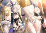  2girls :t aglaea_(honkai:_star_rail) alternate_costume animal_ears ass black_garter_straps black_leotard black_shrug black_thighhighs blonde_hair blush breast_tattoo breasts brushing_tail cat_ears cat_girl cat_tail cipher_(honkai:_star_rail) cleavage commentary_request fake_animal_ears garter_straps gold_tattoo green_eyes grey_hair holding_another's_tail honkai:_star_rail honkai_(series) large_breasts leotard looking_at_mirror lucio_(luci0_52) mirror multiple_girls playboy_bunny pout rabbit_ears reflection short_hair short_hair_with_long_locks shrug_(clothing) tail tattoo thighhighs thighs thread white_garter_straps white_leotard white_shrug white_thighhighs 