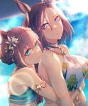  2girls air_groove_(seaside_bloom)_(umamusume) air_groove_(umamusume) animal_ears bare_shoulders bikini blue_eyes blue_sky blunt_bangs blush braid breasts brown_hair crown_braid flower gradient_bikini hair_ornament highres horse_ears horse_girl hug hug_from_behind jewelry large_breasts long_hair multiple_girls official_alternate_costume official_alternate_hairstyle orange_hair parted_lips short_hair silence_suzuka_(emerald_on_the_waves)_(umamusume) silence_suzuka_(umamusume) sky small_breasts smile sugamo_(rainysnowy108) swimsuit umamusume white_bikini 