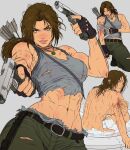  1girl abs absurdres arrow_(projectile) back_muscles bandaged_arm bandages bath bathing bathtub belt between_breasts biceps bleeding blood boots breasts brown_eyes brown_hair commentary completely_nude cowboy_shot dual_wielding english_commentary fingerless_gloves from_behind gloves green_pants grey_background grey_tank_top gun handgun highres holding holding_gun holding_weapon in_bathtub injury jewelry kneeling lara_croft large_breasts long_hair looking_at_viewer looking_back m1911 midriff muscular muscular_female navel necklace nude pants pink_lips ponytail quiver redrawn scar shirt sideboob sitting smile smirk soap_bubbles solo sponge strap_between_breasts sweat tank_top tomb_raider tomb_raider:_the_legend_of_lara_croft torn_clothes torn_pants torn_shirt tourniquet weapon wet yoracrab 