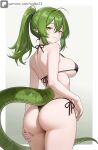  1girl absurdres arknights arknights:_endfield artist_name ass ass_focus bikini black_bikini border breasts commentary cowboy_shot english_commentary fluorite_(arknights) grabbing_own_ass green_background green_eyes green_hair green_tail high_ponytail highres large_breasts long_hair looking_at_viewer looking_back outside_border parted_lips patreon_logo patreon_username ponytail reptile_girl side-tie_bikini_bottom snake_girl snake_tail solo standing swimsuit tail thighs vodka13 web_address white_border 