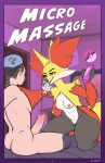 absol absurd_res bedroom breasts crossed_legs delphox ears_up erection exposed_breasts female generation_3_pokemon generation_6_pokemon genitals hi_res holding_in_mouth human humanoid_genitalia humanoid_penis lube_bottle male male/female mammal micro nintendo penis pokemon pokemon_(species) pokemon_trainer sajik size_difference thick_thighs