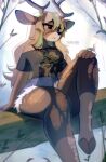 absurd_res anthro antlers bottomwear breasts brown_body brown_fur clothed clothed_anthro clothed_female clothing cloven_hooves daisy_dukes deer denim denim_bottomwear denim_clothing denim_shorts female fully_clothed fully_clothed_anthro fully_clothed_female fur hair hi_res hooves horn hotpants leggings legwear long_hair mammal pantyhose shirt shorts sitting solo t-shirt tealsick thick_thighs topwear torn_clothing torn_leggings torn_legwear white_hair