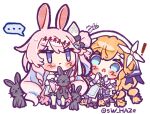  ! ... 2girls animal animal_ears aqua_eyes blue_eyes blue_hair blush braid chibi chibi_only closed_mouth colored_inner_hair commentary_request denia_(wuthering_waves) dress gloves hands_up holding holding_animal jacket kemonomimi_mode korean_commentary long_hair looking_at_animal looking_at_another mole multicolored_hair multiple_girls open_mouth orange_hair pink_hair purple_jacket rabbit rabbit_ears signature sigrika_(wuthering_waves) spoken_ellipsis sw_haze twitter_username white_dress white_gloves wuthering_waves 