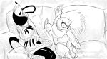 16:9 anthro arm_out armor belt canid canine canis clothing coat_cape cracked daisy_(dragonweirdo) domestic_dog dragonweirdo duo female flower furniture headgear helmet hi_res long_ears male mammal military_uniform monochrome plant puck_(dragonweirdo) pushing_another pushing_away pushing_down rodent sciurid sitting sofa tree_squirrel uniform widescreen