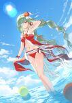  1girl absurdres aete bandage_over_one_eye bare_shoulders bikini blue_sky braid commentary day dress_swimsuit green_hair grey_eyes hand_up highres long_hair looking_at_viewer low_twin_braids multicolored_hair navel outdoors parted_lips phrolova_(wuthering_waves) red_bikini sky solo stomach streaked_hair swimsuit tacet_mark_(wuthering_waves) thighs twin_braids wuthering_waves 