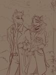 2026 aleksika_(aleksikashvets) aleksikashvets angle_(copperback01) anthro artist_name belt belt_buckle biped bottomwear bouquet buckle canid canine canine_nose clothed clothed_anthro clothed_female clothed_male clothing cloud coat collar collared_shirt crescent_moon dated digital_drawing_(artwork) digital_media_(artwork) domestic_cat dress_shirt duo ears_up emotional english_description eyebrows eyelashes eyes_closed facial_tuft felid feline feline_ears feline_nose felis female female_anthro flower fox fox_ears front_view fully_clothed fully_clothed_anthro fully_clothed_female fully_clothed_male hair hi_res inner_ear_fluff long_hair looking_at_another looking_at_partner male male/female male_anthro mammal monochrome moon narrowed_eyes neck_tuft night open_mouth outside pants park plant pupils romantic romantic_couple shadow shirt short_hair shrub simple_background sketch smile snout star street_lamp teeth text tongue topwear tree trenchcoat tuft walking walking_together