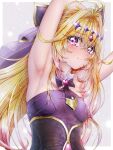  1girl antenna_hair armpits arms_up black_bow black_dress blonde_hair blush bow breasts brooch closed_mouth commander_kei cure_arcana_shadow diamond_hairband dress gradient_hair hair_intakes heart heart_brooch highres jewelry long_hair looking_at_viewer magical_girl meitantei_precure! moria_luluka multicolored_hair nipples precure purple_eyes purple_veil solo upper_body veil water wet 