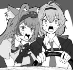  2girls ahoge animal_ear_fluff animal_ears black_gloves black_jacket cat_ears cat_girl collared_shirt colored_eyelashes commentary_request driving female_esper_zero_(nte) gloves greyscale jacket long_hair looking_at_viewer meme mint_(nte) monochrome multicolored_hair multiple_girls neverness_to_everness open_mouth power_crashes_kobeni's_car_(meme) shirt short_hair steering_wheel streaked_hair teeth two-tone_hair upper_teeth_only very_long_hair white_shirt yame_pi 