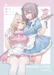  2girls :d animal_ear_fluff animal_ears apron aqua_eyes blonde_hair blue_bow blue_bowtie blue_dress bow bowtie breasts cake cake_slice cat_ears character_name commentary_request dress facebook_logo facebook_username food grey_hair hair_ornament hairclip highres holding holding_tray indie_virtual_youtuber instagram_logo instagram_username long_hair looking_at_viewer maid_apron meowxia midori_fufu midori_fufu_(vtuber) multiple_girls open_mouth original pink_bow pink_bowtie pink_dress smile thighhighs tray twitter_username twitter_x_logo virtual_youtuber white_apron white_thighhighs 