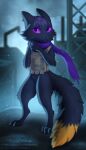 absurd_res anthro apocalyptic atmospheric black_body black_fur bulletproof_vest canid canine casualties:_unknown city city_background cityscape digital_media_(artwork) digital_painting_(artwork) digitigrade dystopian expie_(gunsawian) fluffy fluffy_tail fox fur glowing glowing_eyes gunsawian handpaw head_tuft hi_res hybrid looking_at_viewer male mammal murid murine orange_body orange_fur painting_(artwork) paws purple_body purple_eyes purple_fur purple_sclera rat rodent ruined_building ruins scarf shy solo stellamerryfox tail tuft