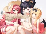  3girls black_hair blonde_hair blue_archive blue_eyes braid brown_shirt camera chiaki_(blue_archive) chiaki_(swimsuit)_(blue_archive) closed_mouth commentary cosplay cropped_shirt demon_girl demon_horns demon_wings dress fishnet_top fishnets fluffy_hair hair_bun hair_ornament hair_over_shoulder hair_scrunchie hat highres holding holding_camera horns ibuki_(blue_archive) ibuki_(blue_archive)_(cosplay) iroha_(blue_archive) iroha_(swimsuit)_(blue_archive) leaning_forward long_hair long_sleeves multiple_girls nnintch_(mintchoco) official_alternate_costume official_alternate_hairstyle one-piece_swimsuit open_mouth orange_scrunchie pink_dress pink_eyes pink_one-piece_swimsuit pointy_ears red_hair scrunchie shirt short_hair single_braid smile sun_hat swimsuit taking_picture teeth upper_teeth_only very_long_hair wings yellow_eyes 