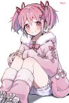  1girl absurdres artist_name bare_legs coat cross-laced_clothes cross-laced_sleeves frilled_shorts frills fur-trimmed_hood fur_trim hair_ornament hair_ribbon highres hood jewelry kaname_madoka leg_warmers legs_together long_hair long_sleeves looking_at_viewer mahou_shoujo_madoka_magica mahou_shoujo_madoka_magica_(anime) mitsureki_meyli multiple_hair_ribbons pink_coat pink_eyes pink_hair pink_leg_warmers red_ribbon ribbon ring shoelaces short_twintails shorts simple_background sleeves_past_wrists smile solo twintails white_background white_shorts winter_clothes winter_coat 