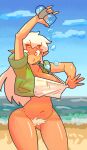 2025 5_fingers absurd_res ahfkdy7 artist_name autumn_(genocityzone) beach big_breasts blue_sky bottomless bottomless_female bottomless_humanoid breasts brown_body brown_breasts brown_skin clothed clothing clothing_pull cloud collarbone container crop_top_pull cup day digital_media_(artwork) elf female female_humanoid fingers freckled_breasts freckled_face freckled_hips freckles genitals genocityzone green_clothing green_jacket green_topwear hair hi_res holding_container holding_cup holding_object humanoid humanoid_pointy_ears ice ice_cube jacket long_hair navel not_furry open_clothing open_jacket open_topwear orange_eyes pointy_ears pubes sea sky solo standing tan_hair tan_pubes text topwear topwear_pull vulva water watermark white_sclera