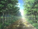 blue_sky brick_floor bush cloud dappled_sunlight day divine_heart_makina fence forest game_asset grass light_rays nature no_humans non-web_source official_art outdoors path pavement plant road scenery self-datamine shade shadow sky sunlight tree tree_shade vanishing_point visual_novel_cg 