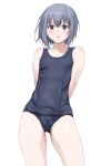  1boy absurdres arms_behind_back ass_visible_through_thighs bare_arms black_eyes blue_one-piece_swimsuit blush bulge collarbone commentary_request cowboy_shot crossdressing crossdressing_(mtf) d: furrowed_brow grey_hair hair_between_eyes highres male_focus migita_(hirayuaki) old_school_swimsuit one-piece_swimsuit open_mouth original panty_bulge school_swimsuit short_hair sidelocks simple_background solo standing straight-on swimsuit trap white_background 
