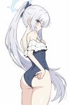  1girl absurdres aqua_halo artist_name ass bare_shoulders blue_archive blue_bow blush bow clothes_tug commentary cowboy_shot frilled_one-piece_swimsuit frills from_side hair_bow halo hand_on_own_chest highres long_hair looking_at_viewer miyako_(blue_archive) official_alternate_costume official_alternate_hairstyle one-piece_swimsuit ponytail purple_eyes simple_background solo suoniko swimsuit very_long_hair white_background white_hair 
