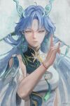  absurdres blue_eyes blue_hair breasts chucky_(chucky1000sun) closed_mouth commentary earrings forehead_tattoo fox_shadow_puppet hair_ornament hair_stick hand_up highres jewelry large_breasts long_hair looking_at_viewer qingxiao_(wuthering_waves) signature tattoo upper_body wuthering_waves 