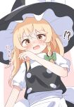  !? 1girl absurdres apron back_bow black_hat black_skirt black_vest blonde_hair blush bow braid commentary_request embarrassed green_bow hair_bow hat hat_bow haya_s2 highres kirisame_marisa long_hair looking_at_viewer open_mouth puffy_short_sleeves puffy_sleeves short_sleeves side_braid single_braid skirt solo sweatdrop touhou translation_request vest waist_apron white_apron white_bow witch_hat yellow_eyes 