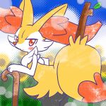 1:1 2026 ambiguous_anthro ambiguous_gender annyui0611 anthro bent_over blush blush_stickers braixen cane canid closed_smile cloud detailed_background digital_drawing_(artwork) digital_media_(artwork) digitigrade dipstick_tail flower generation_6_pokemon hi_res japanese_description leaf looking_at_viewer looking_back looking_back_at_viewer mammal markings mouth_closed nintendo object_in_tail outside plant pokemon pokemon_(species) portrait side_view simple_background sky smile snout solo standing sunflower tail tail_markings textured_background three-quarter_portrait translated_description