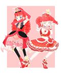  2girls :d akagi_anna arm_up atami_nana black_dress black_thighhighs blue_eyes bow bow_legwear choker commentary_request dress drill_hair elbow_gloves frilled_dress frilled_hat frills full_body gloves hat highres in-franchise_crossover kiratto_pri_chan long_hair looking_at_viewer morio_(ce_note) multiple_girls onegai_aipri open_mouth pink_bow pretty_series red_choker red_dress red_gloves red_hair red_hat red_shoes red_wrist_cuffs shoes sleeveless sleeveless_dress smile thighhighs twintails wrist_cuffs yellow_eyes 