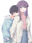  2girls black_hair blue_eyes blue_jacket cardigan chang_chin-lan closed_eyes commentary earrings grey_cardigan grey_skirt gujyo_kanade hand_in_another's_pocket hand_in_pocket highres holding_hands jacket jewelry kamiina_botan_yoeru_sugata_wa_yuri_no_hana laughing long_hair multiple_girls open_mouth pink_sweater purple_hair shared_pocket short_hair simple_background skirt smile sweater turtleneck turtleneck_sweater wagariro white_background yuri 