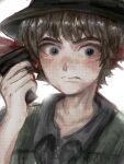  1boy adam_lanza aegyo_sal animification black_hat black_shirt blood blue_eyes brown_hair bucket_hat choppy_bangs closed_mouth collarbone collared_shirt finger_on_trigger furrowed_brow glock green_vest gun gun_to_own_head hand_up handgun hat headshot highres holding holding_gun holding_weapon male_focus nose_shade polo_shirt portrait real_life red_eyes sandy_hook_elementary_school_shooting shirt short_hair suicide touhouenthusiastye true_crime utility_vest veiny_neck vest weapon white_background wide-eyed 