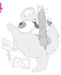 anthro anus areola balls biped bodily_fluids breasts crossgender dinosaur erection fingers gameoverse genital_fluids genitals glans glitch_productions gobbles_(gameoverse) gynomorph intersex low_res lying meckmeck00124 mtg_crossgender mti_crossgender nipples on_back open_mouth penis precum prehistoric_species reptile scalie solo tablet teeth tial vein veiny_penis