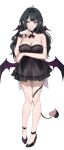  1girl bare_shoulders black_collar black_dress black_eyes black_hair black_shoes black_tail black_wings breasts cleavage clenched_teeth collar commentary dated_commentary demon_girl demon_tail demon_wings dress emyo full_body grin head_wings highres large_breasts long_hair looking_to_the_side low_wings original pink_tail shoes simple_background smile solo tail teeth two-tone_tail white_background wings 