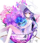  1girl atsuko_(blue_archive) atsuko_(swimsuit)_(blue_archive) bikini blue_archive blue_flower bouquet closed_mouth commentary cup flower halo hat holding holding_bouquet in_container in_cup long_hair low_ponytail luo_shu official_alternate_costume official_alternate_hairstyle open_clothes open_shirt ponytail purple_flower purple_hair red_eyes shirt shorts smile solo sun_hat swimsuit very_long_hair white_bikini white_halo white_hat white_shirt white_shorts 