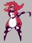 1_eye apron averrbaverr black_clothing black_legwear blonde_highlights bottom_heavy clothing cyclops demon demon_humanoid dress eyelashes featureless_feet feet female front_view grey_background hair hazbin_hotel hellaverse hi_res highlights_(coloring) humanoid legwear narrowed_eyes niffty_(hazbin_hotel) red_clothing red_dress red_hair red_sclera rosy_cheeks simple_background solo thick_thighs torn_clothing torn_legwear white_body wide_hips yellow_eyes