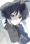  1boy amashita_hry black_bodysuit black_eyes black_hair blue_cape blue_hat blue_jingasa blunt_ends bodysuit cape choppy_bangs closed_mouth covered_collarbone eyeliner genshin_impact gold grey_pupils hat highres japanese_clothes jingasa kimono makeup male_focus mandarin_collar open_clothes open_kimono portrait red_eyeliner scaramouche_(genshin_impact) shoulder_peek side_cape sketch solo tsurime wanderer_(genshin_impact) white_background white_kimono wolf_cut 