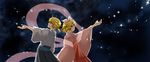  blonde_hair bow green_eyes japanese_clothes kagamine_len kagamine_rin kimono space stars vocaloid 