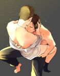  2boys animification barefoot black_socks brothers brown_hair closed_eyes collared_shirt commentary dean_winchester hand_on_another's_back hand_on_another's_thigh incest jewelry kiss kissing_chest male_focus multiple_boys necklace pants rushi_(mousang) sam_winchester shirt siblings sitting sitting_on_person socks supernatural_(tv_series) topless_male white_shirt yaoi 