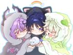  1girl 2boys :c ahoge animal_ear_hood asymmetrical_sidelocks black_cloak black_hair black_hood black_horns blue_outline blush boy_and_girl_sandwich bright_pupils cloak closed_eyes closed_mouth colored_eyelashes colored_tips crossed_bangs dragon_boy dragon_horns durin_(genshin_impact) eyelashes eyeliner facing_another fur-trimmed_cloak fur-trimmed_hood fur_trim genshin_impact green_cloak green_hair green_hood grey_hood grey_pupils hair_between_eyes hair_intakes heart_ornament highres holding honbmqqmwy36077 hood hood_up hooded_cloak horns leaf leaf_ornament long_hair looking_at_another looking_at_object makeup multicolored_hair multiple_boys nahida_(genshin_impact) official_alternate_costume one_eye_closed open_hands open_mouth outline pink_eyes purple_eyes purple_hair purple_horns rainbow red_eyeliner sandwiched scaramouche_(cat)_(genshin_impact) scaramouche_(genshin_impact) side_ponytail sidelocks slit_pupils snow_cat split_mouth tsurime two-sided_horns wanderer_(genshin_impact) white_background white_eyelashes white_hair white_pupils 