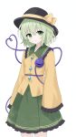  1girl absurdres b3l_rinrin black_hat bow buttons closed_mouth collared_shirt commentary_request diamond_button disembodied_linked_eye eyeball floral_print frilled_shirt_collar frilled_skirt frilled_sleeves frills green_eyes green_hair green_skirt hat hat_bow heart heart_of_string highres komeiji_koishi long_sleeves looking_at_viewer medium_hair print_skirt rose_print shirt simple_background skirt smile solo touhou variant_set white_background wide_sleeves yellow_bow yellow_shirt 