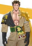  1boy abs absurdres artist_name bara beard black_gloves claude_von_riegan claude_von_riegan_(timeskip) closed_mouth earrings english_commentary facial_hair fire_emblem fire_emblem:_three_houses gloves highres jewelry looking_at_viewer male_focus muscular muscular_male pectorals single_earring smile suyohara 