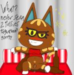 animal_crossing beer_bottle blush bodily_fluids bottle bottomless breasts bubble clothed clothing container dialogue domestic_cat drunk drunk_bubble felid feline felis female furniture genital_fluids genitals hi_res katt_(animal_crossing) looking_at_viewer mammal nintendo on_sofa onomatopoeia pubes rob-posa shirt shirt_only simple_background sitting sitting_on_sofa smug_face smug_grin sofa solo sound_effects substance_intoxication text topwear topwear_only vaginal_fluids vulva