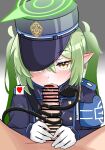  1boy 1girl absurdres armband bar_censor blue_archive blue_armband blue_hat blue_jacket blush censored commentary demon_girl demon_tail double-parted_bangs ear_blush earrings fang fellatio gloves gradient_background green_halo grey_background hair_between_eyes halo hat heart highres jacket jewelry licking licking_penis long_hair looking_at_viewer nozomi_(blue_archive) open_mouth oral orange_eyes penis pointy_ears pov sari_(zakura27502762) sidelocks simple_background skin_fang solo_focus speech_bubble spoken_heart tail tailjob tongue tongue_out twintails upper_body white_background white_gloves 