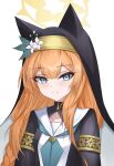  1girl animal_ears aqua_neckerchief black_coat black_veil blue_archive blue_eyes blunt_bangs blush braid breasts cat_ears cat_girl coat collarbone commentary_request double-parted_bangs eyelashes gold_headband hair_between_eyes halo highres long_hair long_sleeves looking_at_viewer mari_(blue_archive) neckerchief nun nun_headdress open_clothes open_coat orange_hair sailor_collar shirt simple_background single_braid small_breasts smile solo split_mouth upper_body veil white_background white_sailor_collar white_shirt wrightia yellow_halo 