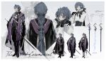 1boy absurdres aristocratic_clothes artist_name ascot beads black_boots black_bow black_bowtie black_cape black_corset black_gloves black_pants blue_eyes blue_gem blue_hair boots border bow bowtie braid brooch cape chinese_text closed_mouth commentary corset embroidery energy_sword english_text eureka1812 expressionless facing_away frilled_shirt_collar frills from_behind full_body gem gloves gold_necklace hair_beads hair_between_eyes hair_ornament hair_tubes half_up_braid hand_up head_chain head_rest head_tilt highres holding holding_sword holding_weapon jacket jewelry long_hair long_sleeves looking_at_viewer male_focus multiple_braids multiple_rings multiple_views necklace original ornate_ring own_hands_together pants pants_tucked_in purple_gem purple_jacket purple_sash purple_scarf reference_sheet ring sash scarf sheath sheathed shirt shirt_tucked_in shoulder_sash side_braids side_part sidelocks sideways_glance single_sidelock standing star_(symbol) star_hair_ornament stole sword tassel variations very_long_hair wavy_hair weapon white_ascot white_background white_boots white_border white_sash white_shirt zoom_layer 