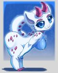 anthro areola back_spikes bent_over big_breasts big_butt black_sclera blue_background blue_body blue_eyes blue_fur border breasts butt cheek_tuft chest_tuft choker choker_only claws docsye dragon eyebrows facial_scales facial_tuft female fur furred_dragon furred_scalie grey_border head_tuft hi_res horn jewelry looking_at_viewer mythological_creature mythological_scalie mythology necklace necklace_only nipples non-mammal_breasts non-mammal_nipples nude nude_anthro nude_female pink_inner_ear raised_tail red_body red_choker red_horn red_jewelry red_necklace red_scales scale_eyebrows scales scalie shortstack shortstack_female simple_background smile smiling_at_viewer solo spiked_tail spikes spikes_(anatomy) tail thick_thighs tuft white_body white_fur