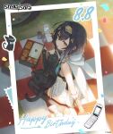  1girl absurdres amber_(stella_sora) bare_shoulders bento black_cat black_hair black_thighhighs boots border breasts cat cellphone circlet confetti copyright_logo copyright_notice dress flip_phone from_above grass highres holding holding_phone hood hood_down logo looking_at_viewer looking_up medium_breasts medium_hair official_art parted_lips phone photo_background picnic_blanket second-party_source short_dress sideboob sleeveless sleeveless_dress solo stella_sora sticker thigh_boots thighhighs vambraces wheel white_border white_dress yellow_eyes 