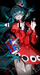  0916psy 1girl absurdres aqua_eyes aqua_hair bag black_background black_bow blue_tongue bow candy colored_tongue commentary_request double-parted_bangs dress eyeball_hair_ornament eyeball_print fast_forward_button food hair_between_eyes hatsune_miku highres holding holding_bag holding_candy holding_food holding_lollipop index_finger_raised lollipop long_hair pause_button psi_(vocaloid) red_dress rewind_button simple_background solo twintails very_long_hair vocaloid 
