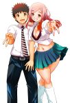  1boy 1girl amesuku_gyaru aqua_skirt belt black_necktie black_pants blush breasts brown_belt brown_eyes brown_hair cleavage collared_shirt commentary_request crossed_legs feet_out_of_frame gradient_hair grin gyaru gyaru_v hand_on_another's_shoulder highres kogal kujaku_makoto large_breasts long_hair looking_at_viewer loose_socks midriff mole mole_under_eye multicolored_hair navel necktie official_art outstretched_arm pants pink_hair pink_nails pleated_skirt red_hair saotome_hodaka school_uniform shirt short_hair simple_background skirt smile socks sogabe_toshinori standing straight_hair striped_clothes striped_necktie swept_bangs textless_cover_page tied_shirt unbuttoned unbuttoned_shirt v white_background white_necktie white_shirt white_socks wide_hips yankee_jk_kuzuhana-chan 