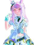  1girl absurdres animal_ears ascot belt black_ascot closed_mouth cowboy_shot cropped_jacket expressionless gloves green_belt hat highres horse_ears horse_girl jacket long_hair looking_at_viewer luhuayoushiyiy1 mejiro_mcqueen_(end_of_the_skies)_(umamusume) mejiro_mcqueen_(umamusume) midriff mini_hat navel official_alternate_costume puffy_short_sleeves puffy_sleeves purple_eyes purple_hair shirt shoes short_sleeves simple_background solo top_hat umamusume white_background white_gloves white_hair white_jacket white_shirt white_shoes 