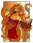 2026 3:4 absurd_res anthro apron apron_only aquatic big_breasts book bowl breasts ceehaz cephalopod cleavage clothed clothing coleoid container cutlery eyes_closed female freckled_breasts freckled_face freckles hama_(ceehaz) hi_res holding_book holding_bowl holding_container holding_object holding_spoon kitchen_utensils mixing_bowl mollusk octopodiform octopus open_mouth open_smile red_apron red_clothing smile solo spoon sucker_(anatomy) tentacle_arms tools