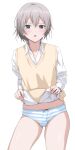  1boy blue_bow blush bottomless bow bow_panties bulge clothes_lift collared_shirt commentary_request contrapposto covered_penis cowboy_shot crossdressing crossdressing_(mtf) d: furrowed_brow grey_hair hair_between_eyes half-closed_eyes highres lifting_own_clothes looking_at_viewer male_focus migita_(hirayuaki) open_mouth panties panty_bulge precum precum_through_clothes shirt shirt_lift short_hair sidelocks solo standing straight-on striped_clothes striped_panties sweater_vest totsuka_saika trap underwear white_background white_shirt yahari_ore_no_seishun_lovecome_wa_machigatteiru. yellow_sweater_vest 