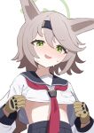  1girl absurdres animal_ears black_skirt blue_archive blush brown_gloves brown_hair clothes_lift commentary fox_ears gloves green_eyes green_halo hairband halo highres midriff_peek neckerchief open_mouth otogi_(blue_archive) sailor_collar school_uniform serafuku shionome33 shirt shirt_lift short_hair shy skirt sleeves_past_wrists solo sweat swept_bangs white_neckerchief white_shirt 