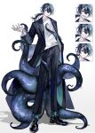  1boy :d aqua_coat aqua_socks black_coat black_eyes black_pants black_shoes blue_hair closed_mouth coat commentary crew_neck dress_shoes empty_eyes expressionless full_body grey_tongue hair_between_eyes hand_in_pocket hand_up highres lapels long_coat long_sleeves looking_at_viewer low_ponytail male_focus medium_hair multiple_expressions notched_lapels open_clothes open_coat open_hand original oxfords pants ponytail ribbed_socks shadow shirt shoes simple_background smile socks solo standing tentacle_boy tentacles tubuta two-sided_coat two-sided_fabric white_background white_shirt 
